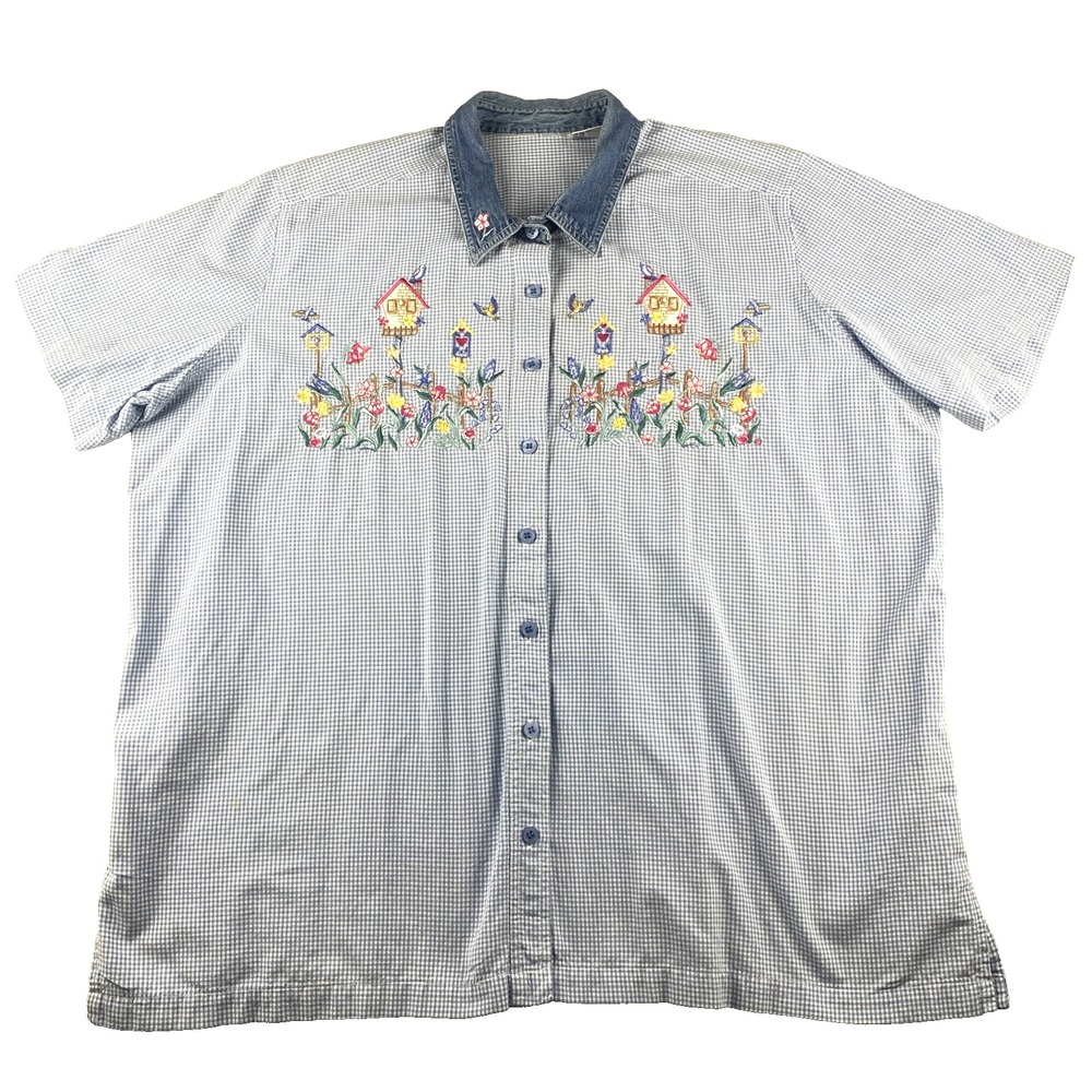 VTG Button Up 22W/ 24W Denim‎ Collar Blue Gingham Check  Embroidered Birdhouses